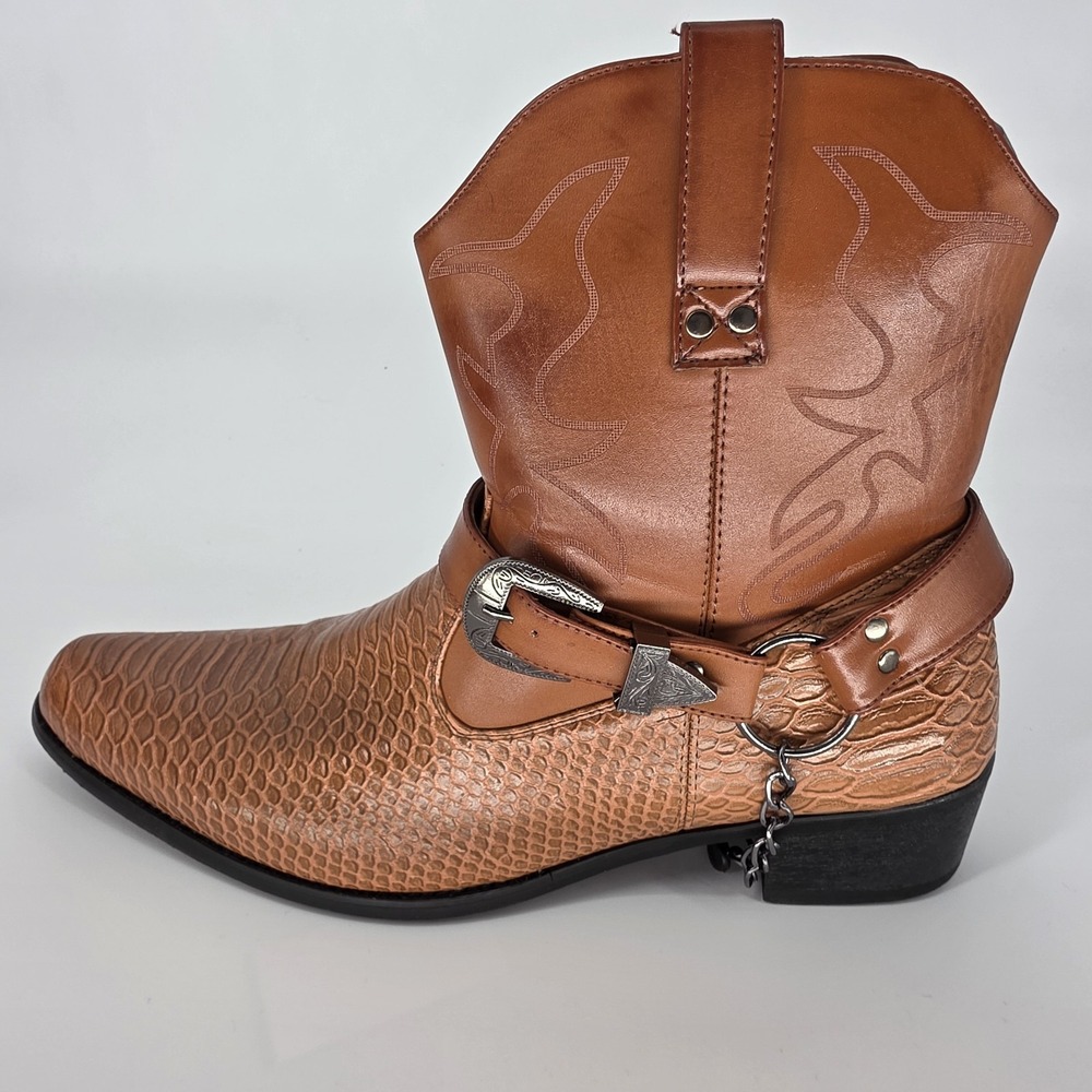 Western Cowboy Boots Brown, Faux Crocodile Metro Charm Diego-01 Strap Buckle - Picture 2 of 10